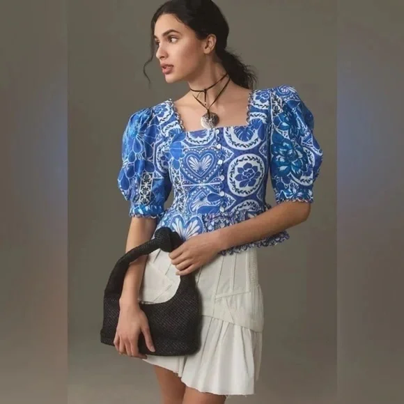 FARM RIO Blue Tile Dream Blouse M - Picture 1 of 7